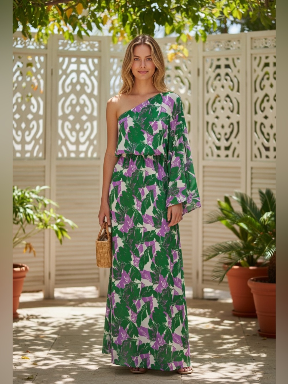 One-Shoulder Green and Lavender Leaf-Print Maxi Dress size Small